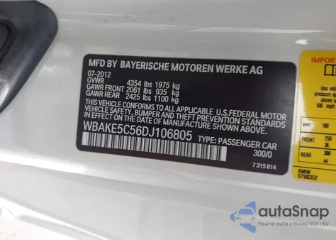 2013 BMW 328I from USA, damaged, VIN WBAKE5C56DJ106805